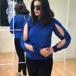 Royal blue chiffon blouse with cut out details